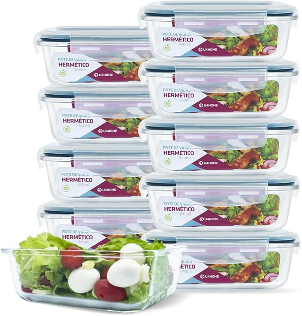 Kit 10 Potes Herméticos de Vidro para Marmitas, Fornos, Micro-ondas ou Congelador 370ML + Brinde Grátis