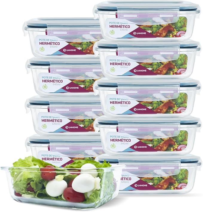 Kit 10 Potes Herméticos de Vidro para Marmitas, Fornos, Micro-ondas ou Congelador 370ML + Brinde Grátis