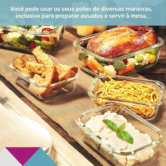 Kit 10 Potes Herméticos de Vidro para Marmitas, Fornos, Micro-ondas ou Congelador 370ML + Brinde Grátis