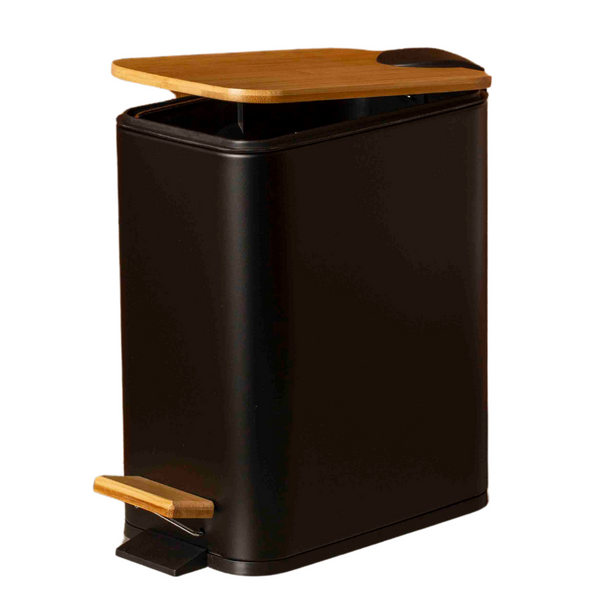 Lixeira Retangular c/ Pedal e Tampa de Bambu - 5L Preto