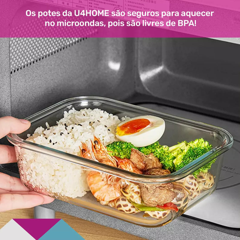 Kit 10 Potes Herméticos de Vidro para Marmitas, Fornos, Micro-ondas ou Congelador 370ML + Brinde Grátis