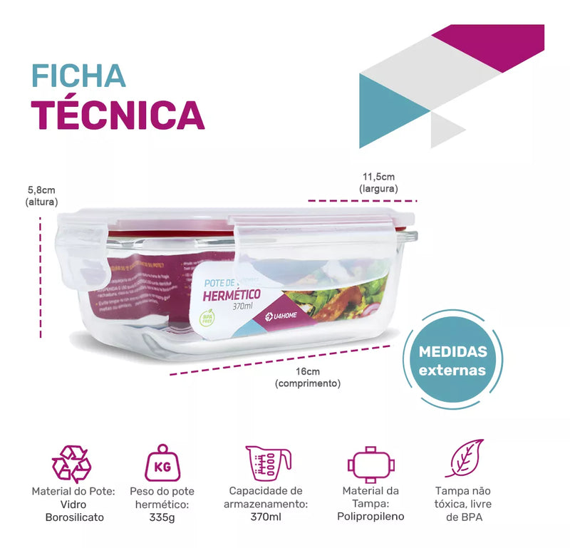 Kit 10 Potes Herméticos de Vidro para Marmitas, Fornos, Micro-ondas ou Congelador 370ML + Brinde Grátis