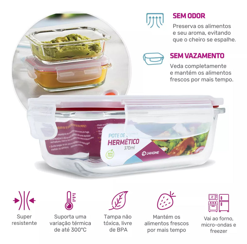 Kit 10 Potes Herméticos de Vidro para Marmitas, Fornos, Micro-ondas ou Congelador 370ML + Brinde Grátis